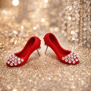 Red Polymer Clay High Heel Rhinestone Shoe Stud Earrings